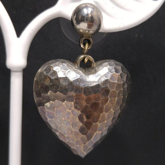 Vintage Hammered Puffy Heart Silver Tone Post Earrings, 1 1/2 Inches - Picture 3 of 7